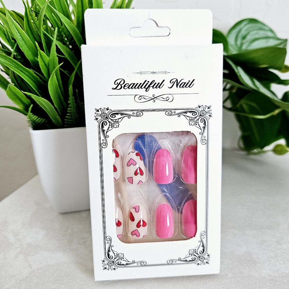 🆕️Valentine's Day DIY Press on Nails Medium Short Fake Nails 24 Pcs